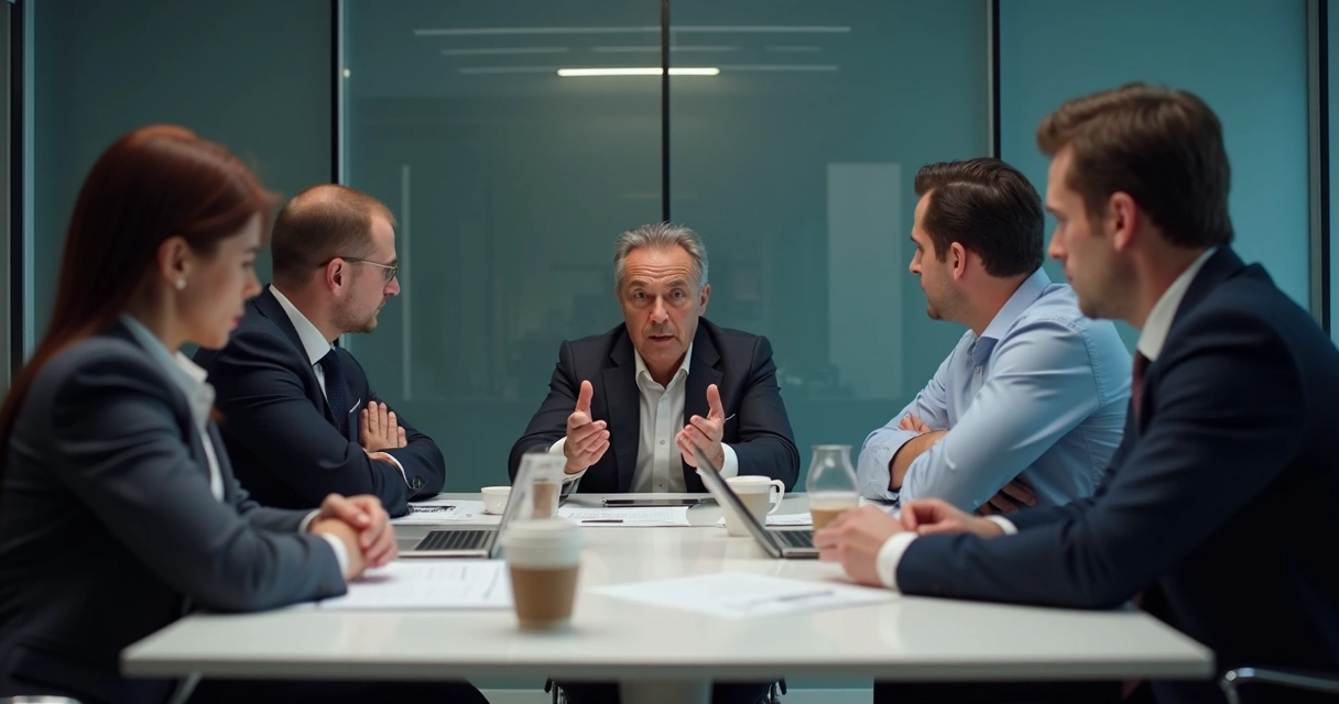 Equipe de trabalho em reunião tensa, expressões preocupadas 