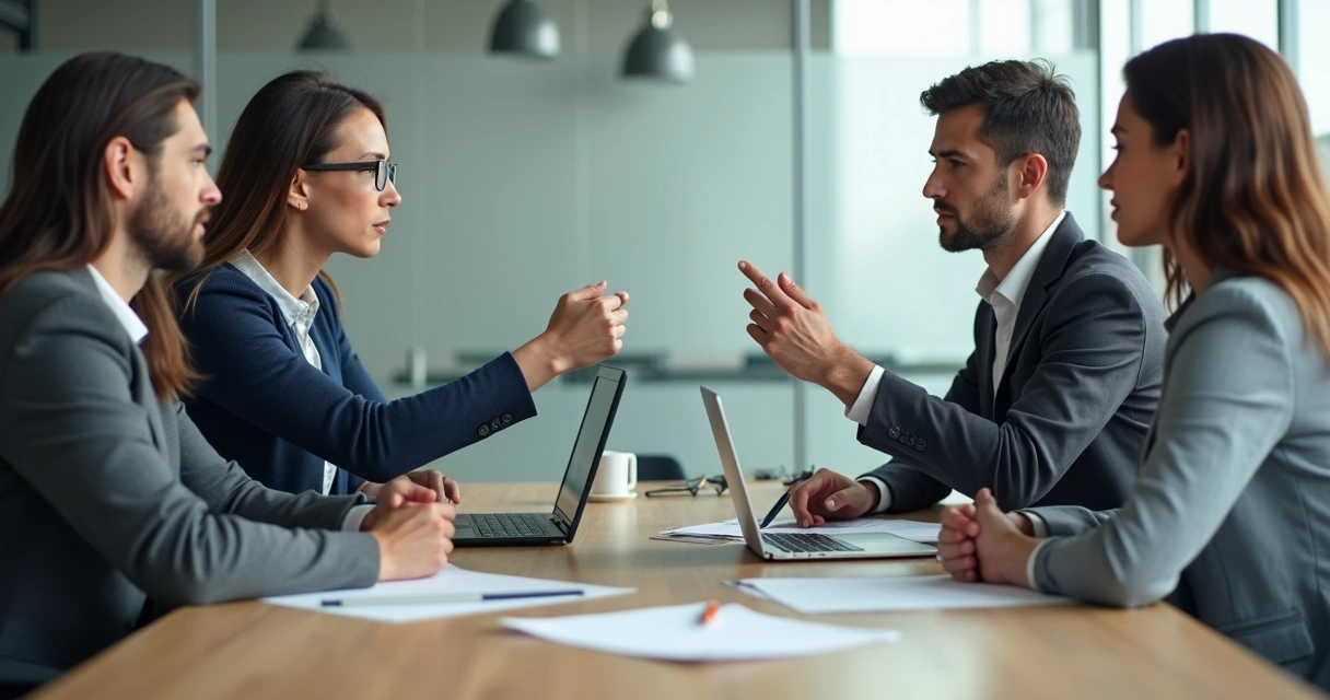 Colegas de trabalho discutindo em mesa de escritório 