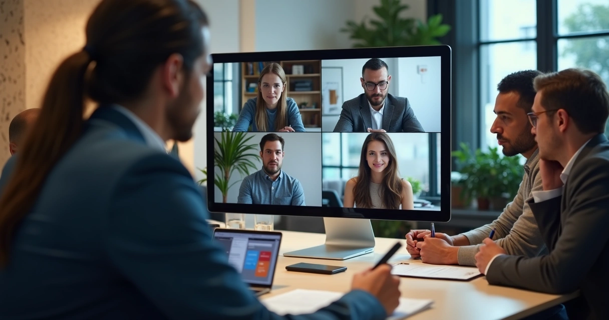 Equipe de trabalho debatendo em sala virtual 