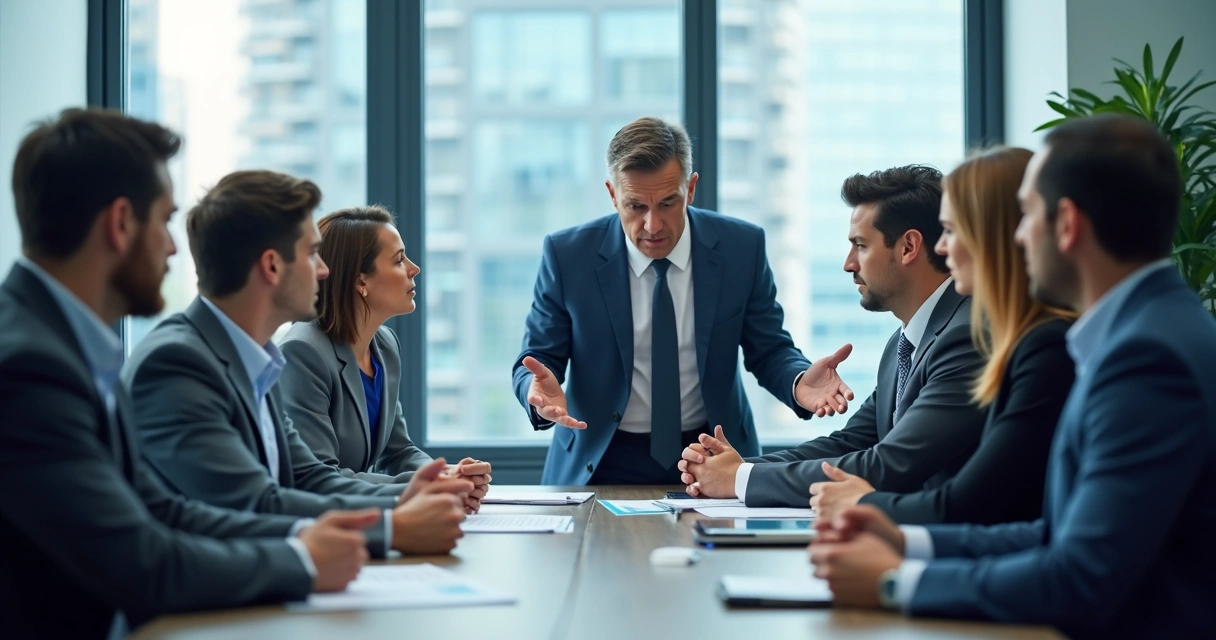 Equipe de trabalho reunida em uma sala de reuniões, com expressões tensas em um cenário corporativo moderno 
