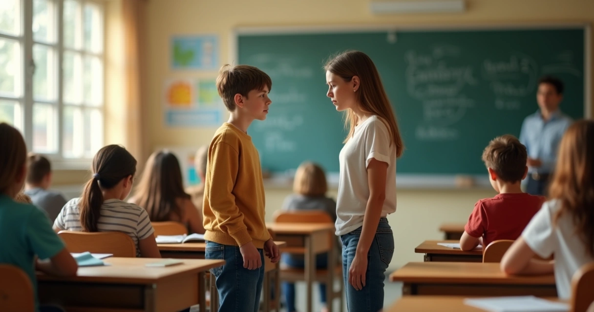 Dois estudantes discutem em sala de aula, professor observa atento 
