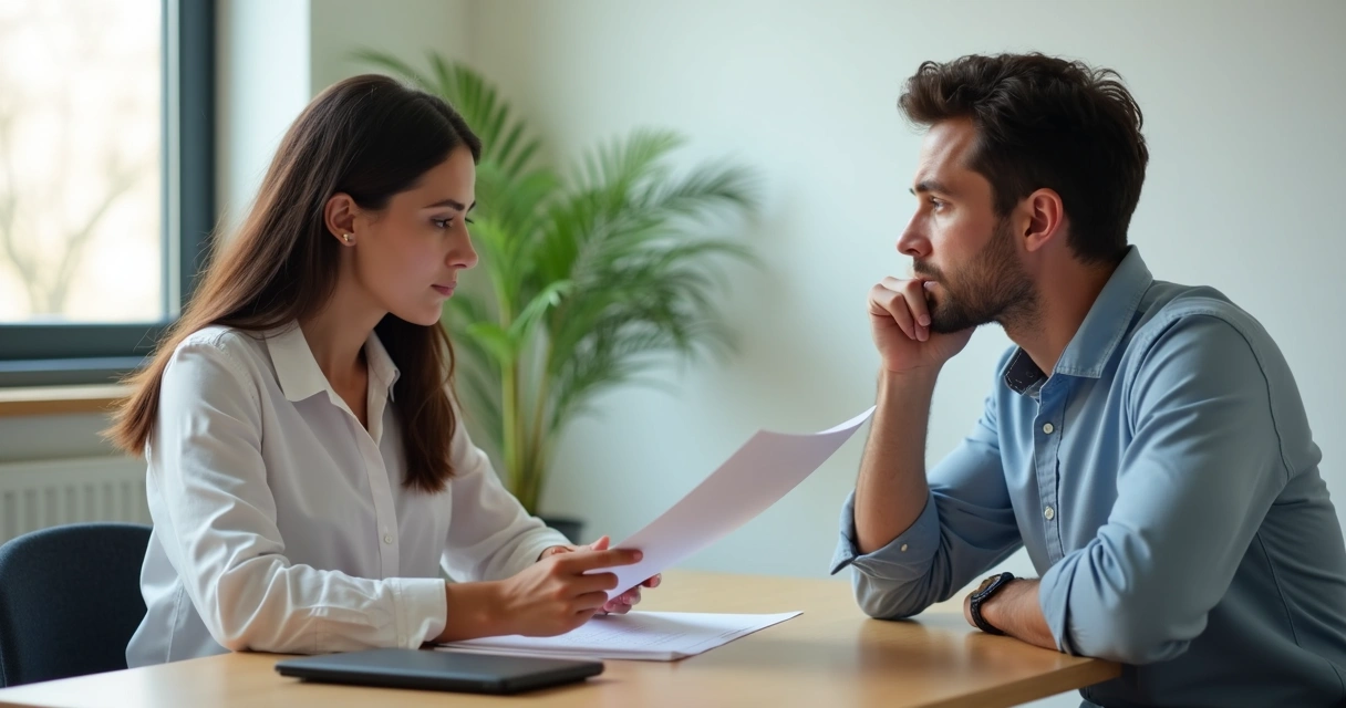 Duas pessoas conversando, expressando dúvida em ambiente corporativo