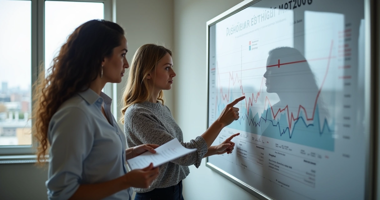 Duas pessoas analisando documentos e discutindo em frente a um quadro, transmitindo tomada de decisão ética 