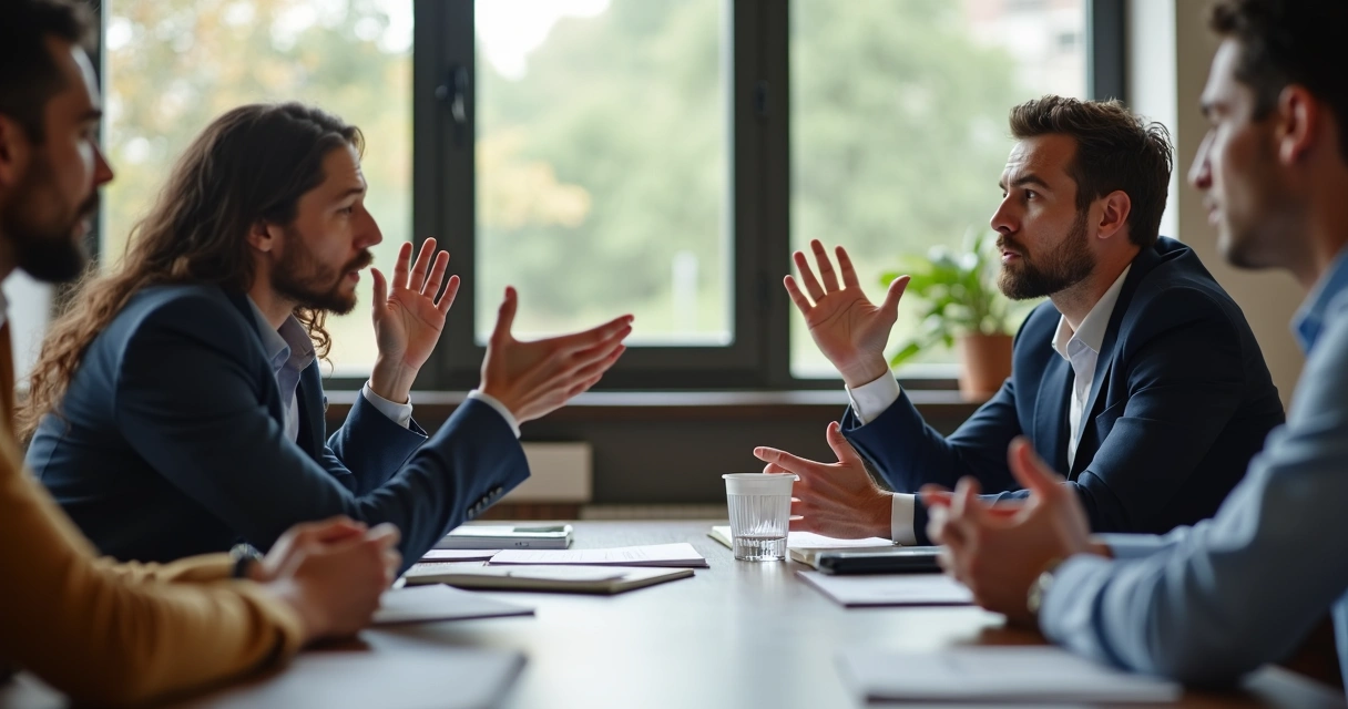 Grupo de pessoas discutindo em mesa de reunião, expressões sérias, cenário de escritório