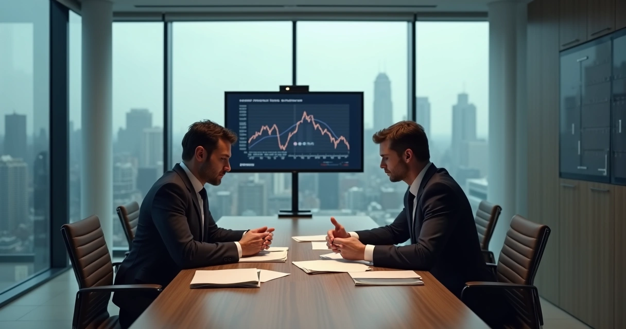 Duas pessoas em uma sala de reunião, cada uma olhando para lados opostos, expressão séria