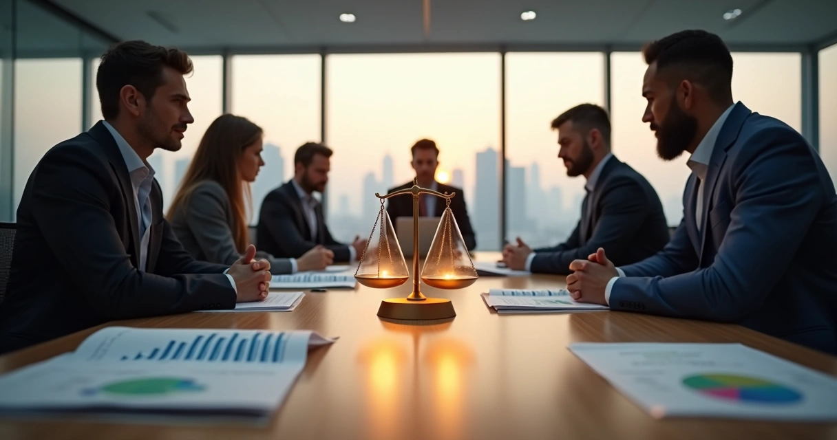 Equipe de executivos em reunião avaliando dilema ético na empresa 
