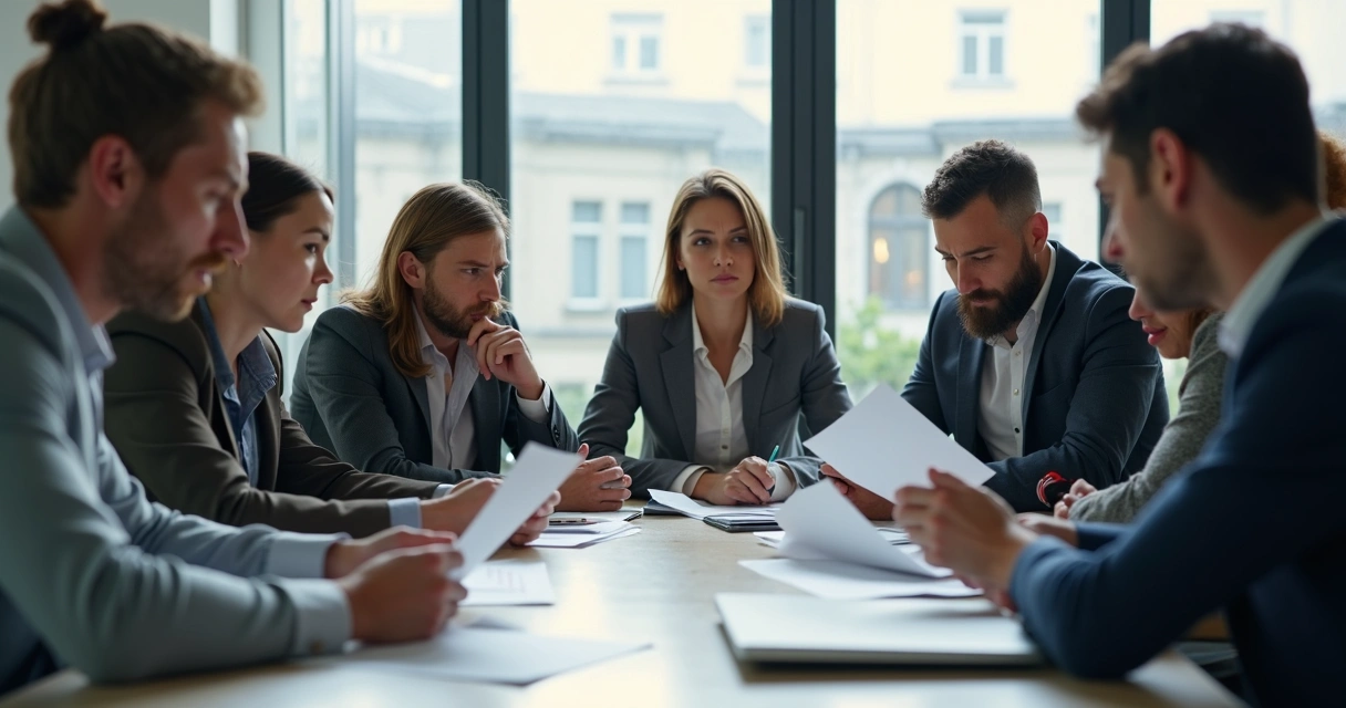 Grupo de colegas em reunião com expressão séria e papéis na mesa 
