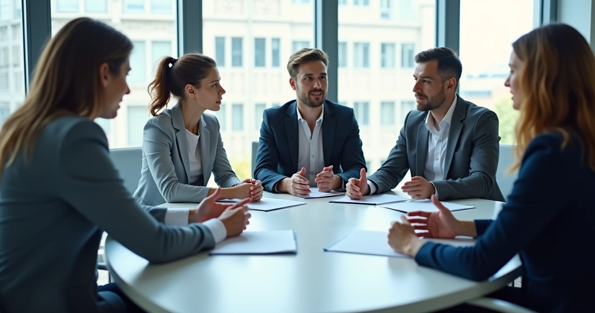 Equipe em reunião discutindo ideias de forma respeitosa 