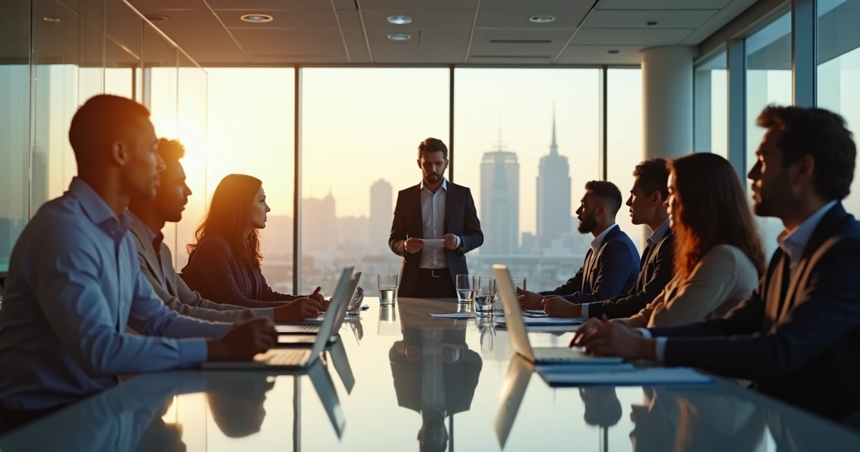 Equipe discutindo em uma sala de reunião moderna, expressando dúvidas e opiniões diferentes 