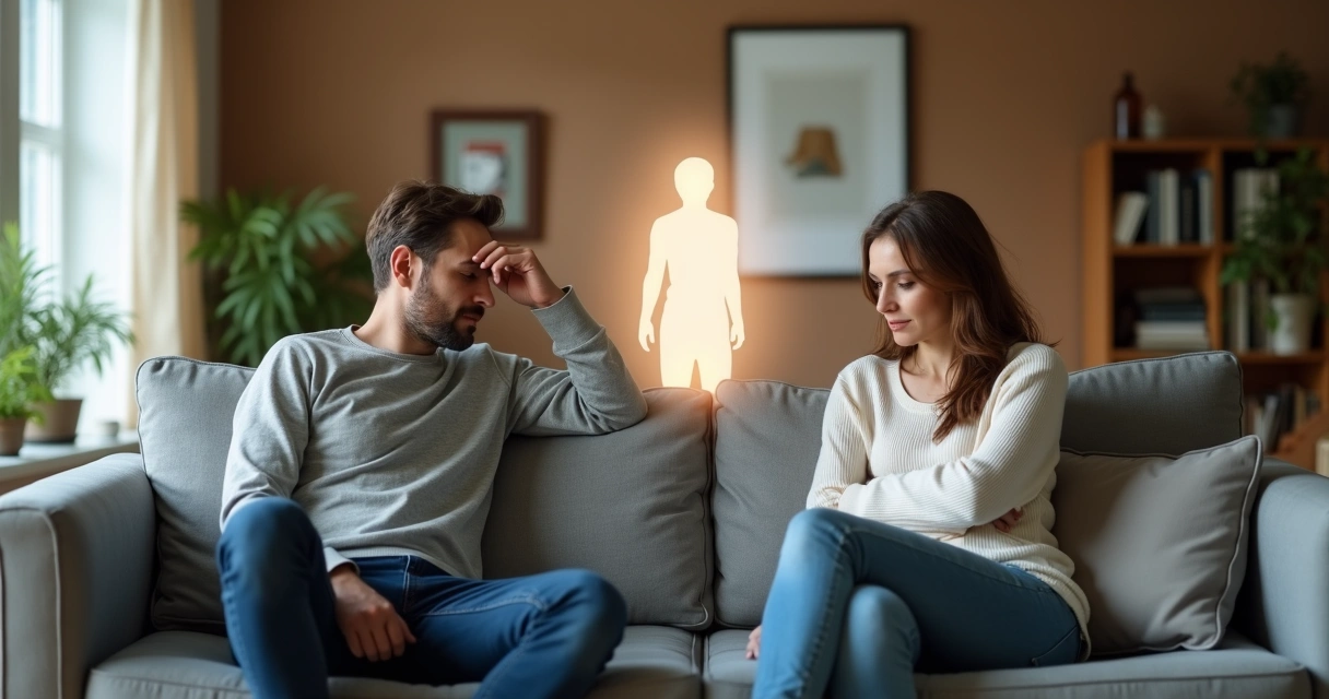 Casal sentado no sofá de costas um para o outro em clima de conflito 