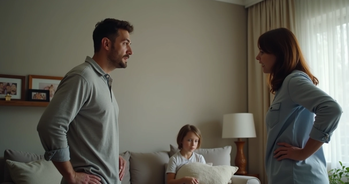 Conflito familiar com duas pessoas discutindo na sala de casa 