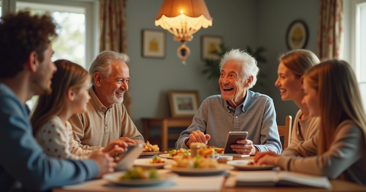 Família de diferentes gerações sentada à mesa conversando 