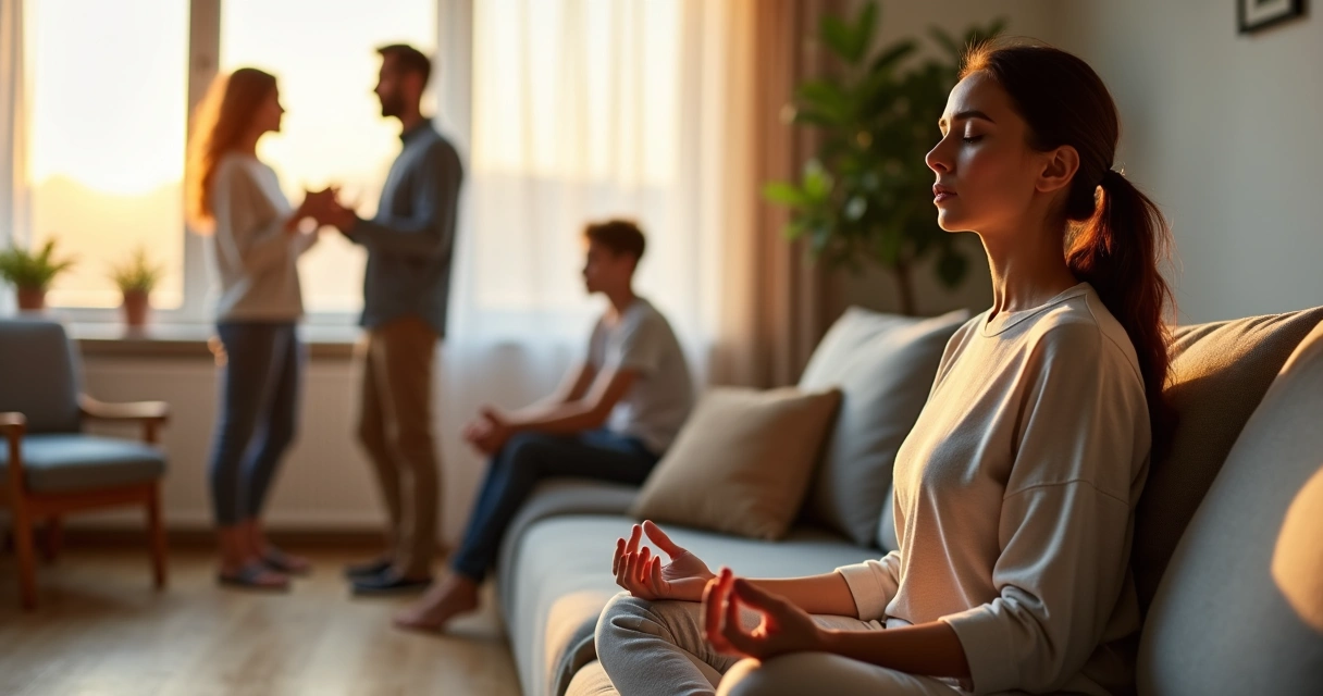 Mulher sentada meditando em silêncio enquanto família discute ao fundo 