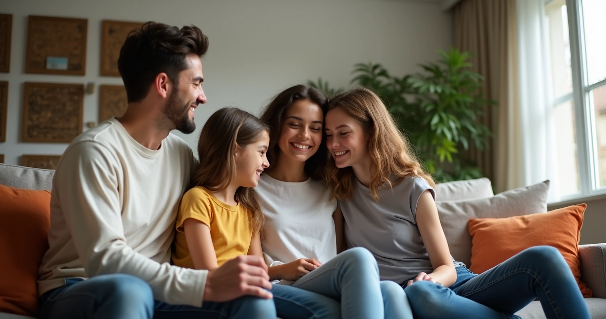 Pais e filhos se reconciliando após discussão, demonstrando proximidade e compreensão 