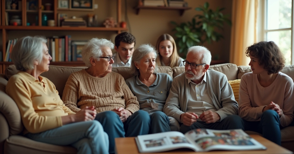 Três gerações de uma família sentadas em uma sala de estar, com diferentes reações emocionais durante uma discussão familiar. 