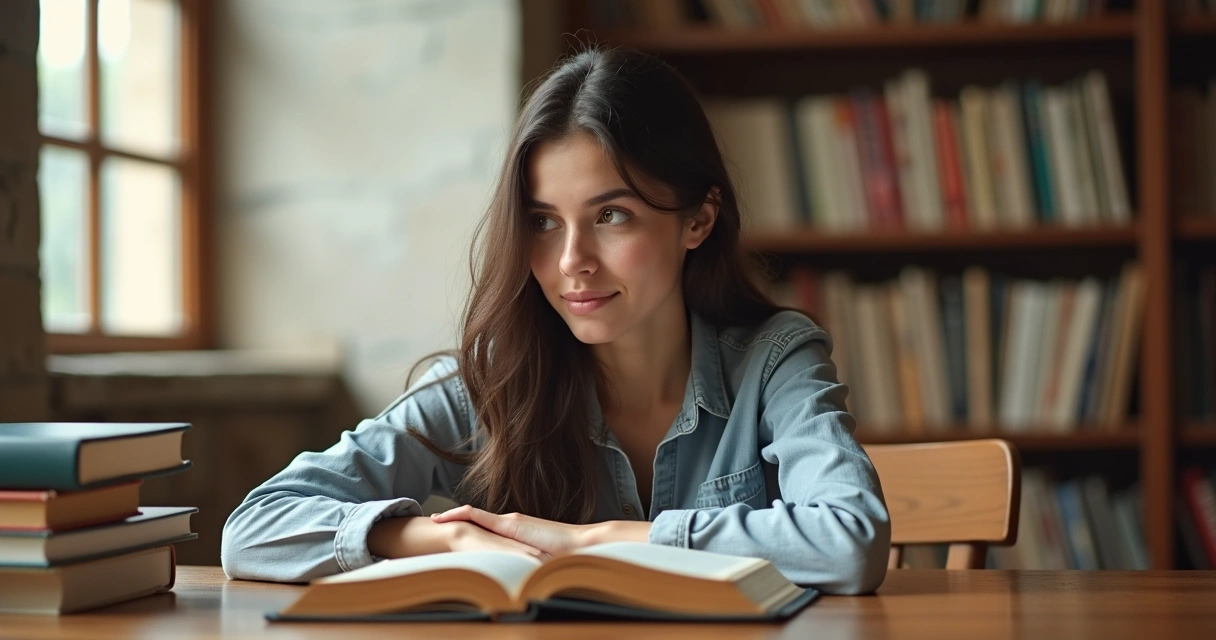 Mulher jovem sentada em uma biblioteca universitária com bíblia e livros acadêmicos 
