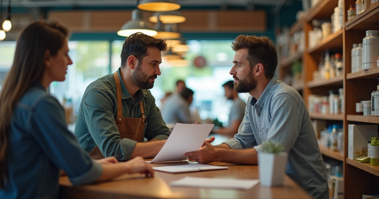 Fornecedor e consumidor discutindo solução de problema 
