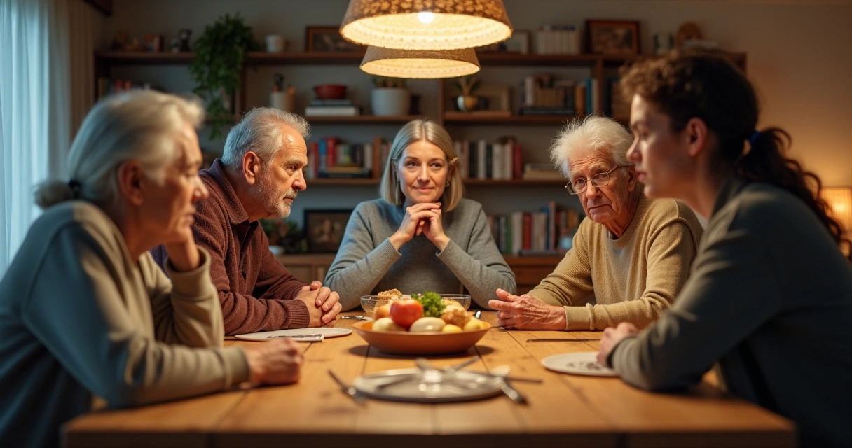 Família de idades variadas, reunida ao redor de uma mesa conversando em clima tenso