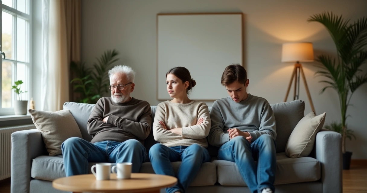 Três gerações da mesma família sentadas em um sofá com clima de distância e tensão 