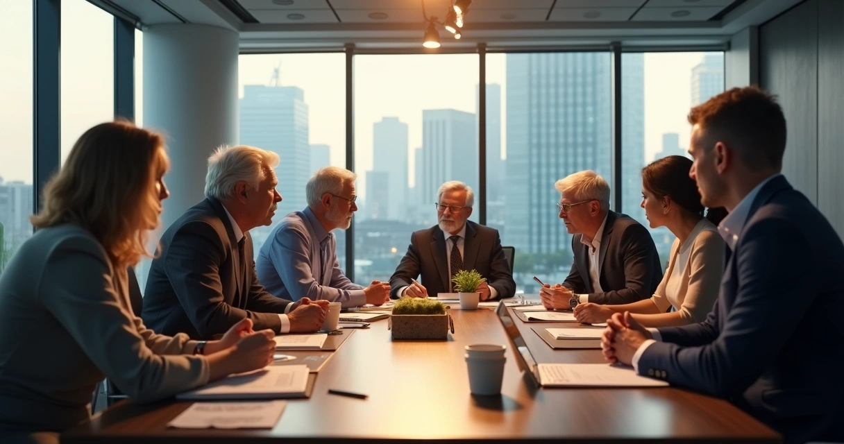 Sala de reunião com pessoas de diferentes idades discutindo intensamente à mesa