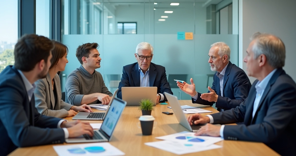Reunião com profissionais de diferentes gerações em discussão tensa numa empresa 