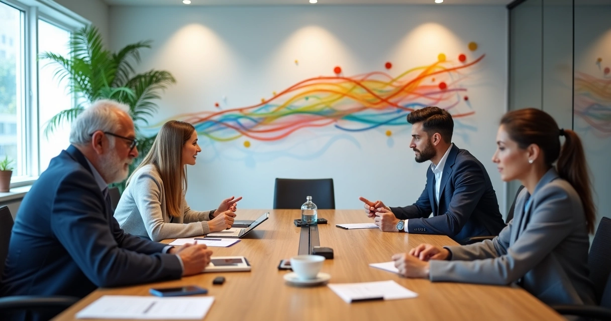 Equipe de diferentes gerações debatendo ao redor de mesa com releitura de linha do tempo ao fundo 