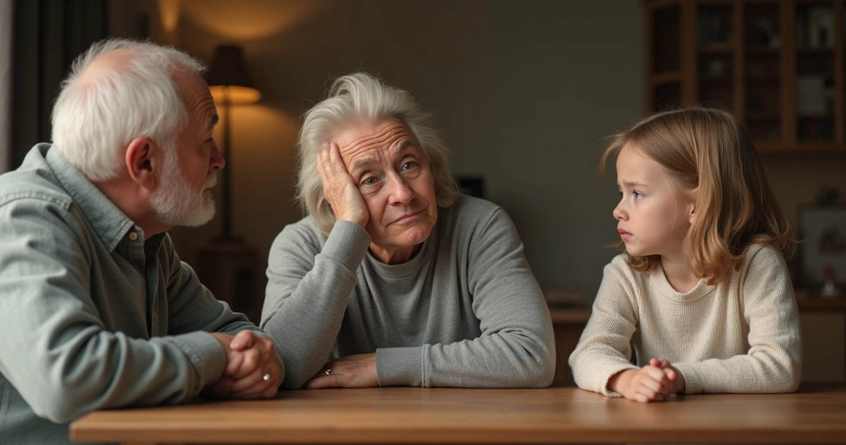 Três gerações de uma família sentados à mesa, olhando em direções opostas. 