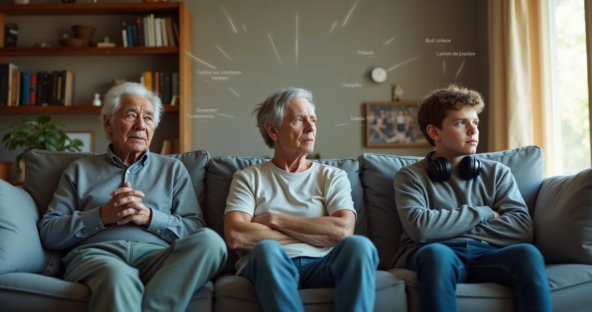 Três gerações de uma família sentadas em silêncio com distância emocional no sofá 