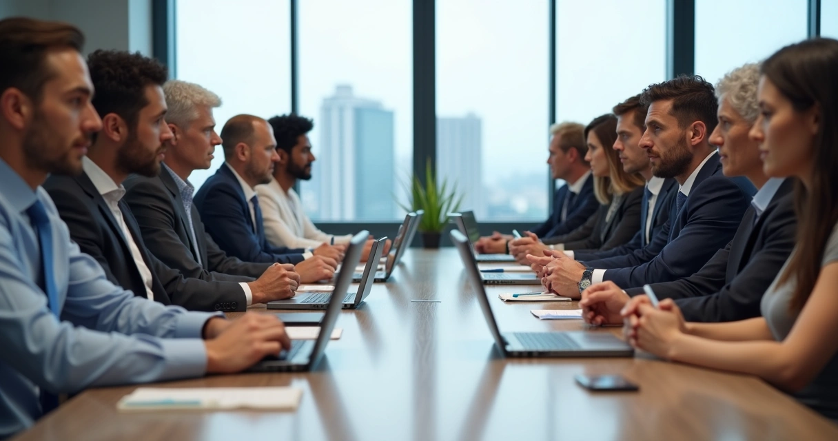Duas equipes de pessoas de diferentes idades em lados opostos de uma mesa de reunião 
