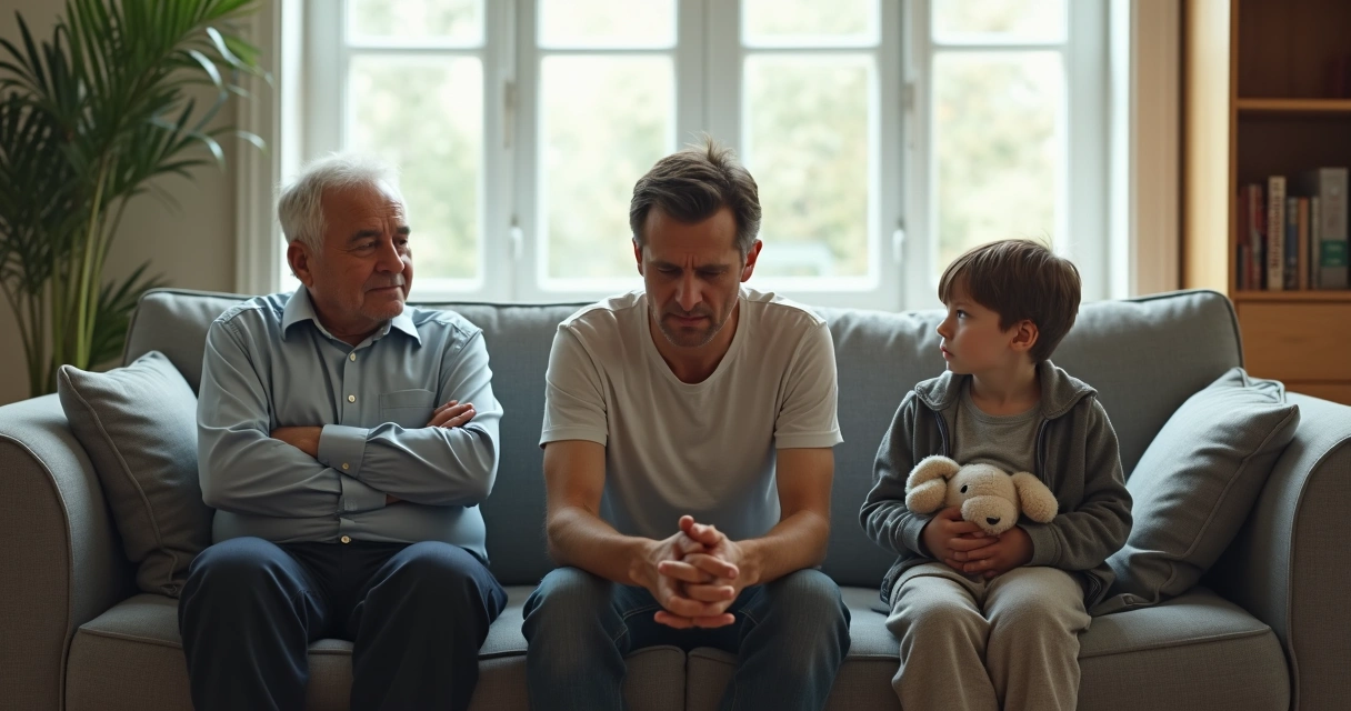 Pais e filha separados por rachadura simbólica no sofá 