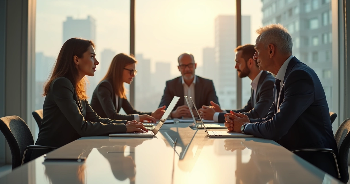 Grupo de colegas de diferentes idades discutindo em uma sala de reuniões moderna.