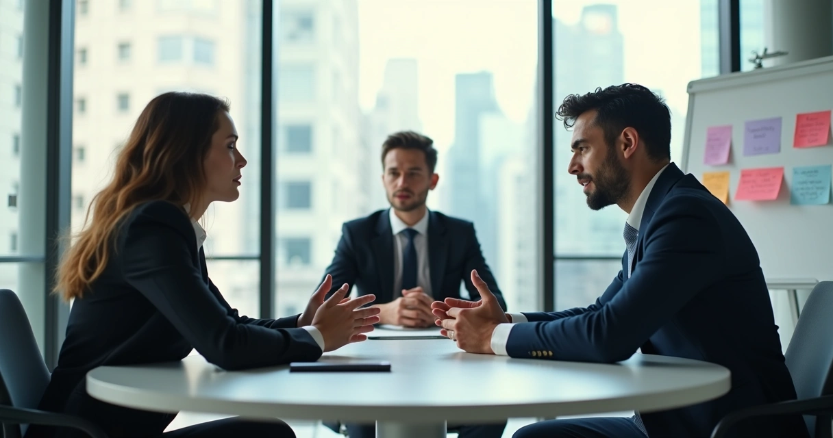 Dois colegas debatendo na sala de reunião, líder observando de forma neutra 