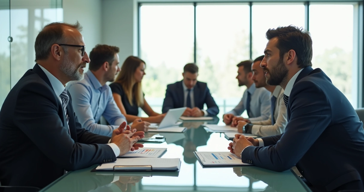 Gestor e funcionário em reunião tensa, com equipe ao fundo observando