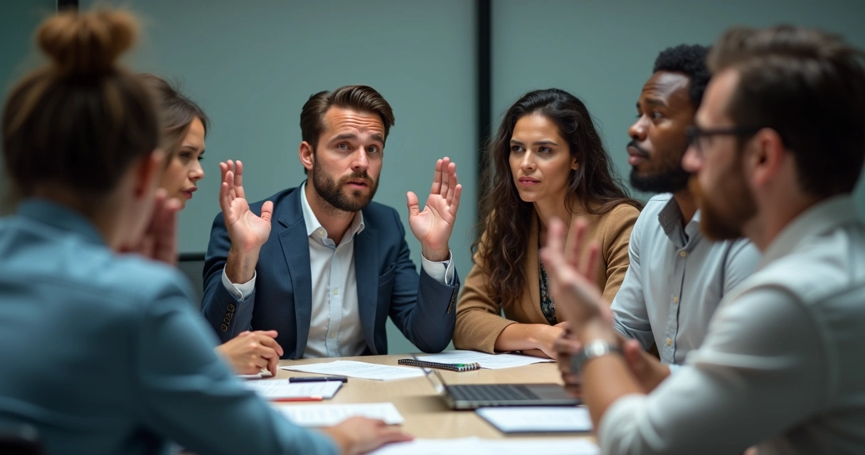 Grupo de pessoas em reunião com expressões tensas e gestos sugestivos de discussão 