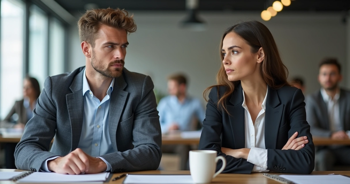 Duas pessoas de uma equipe olhando para lados opostos, tensão no ar.