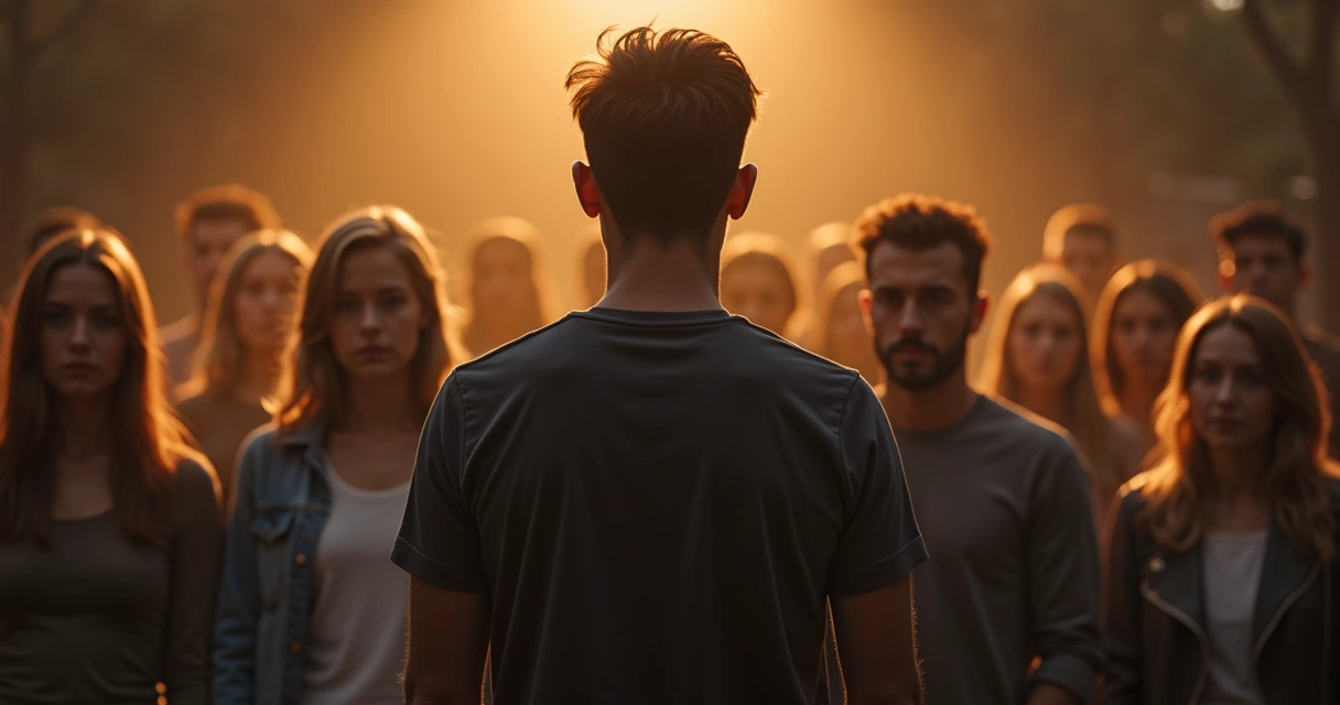Pessoa em destaque com grupo ao fundo, tensão aparente nos rostos 