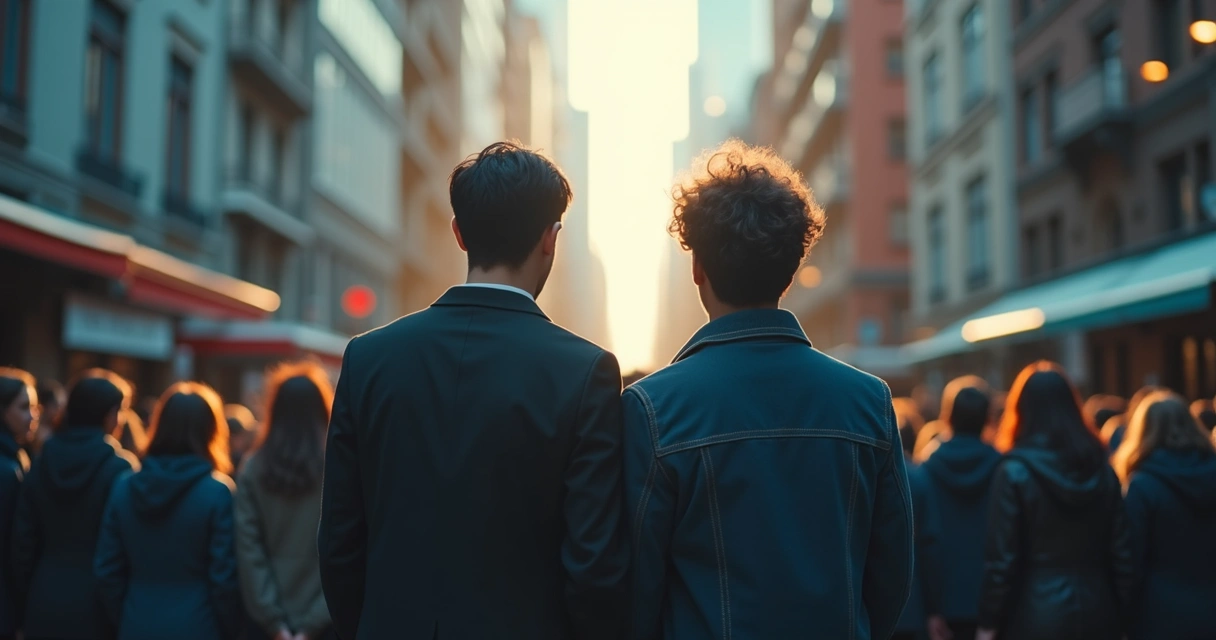 Duas pessoas de costas uma para a outra, cada uma de frente para um grupo, simbolizando conflito e busca de equilíbrio 