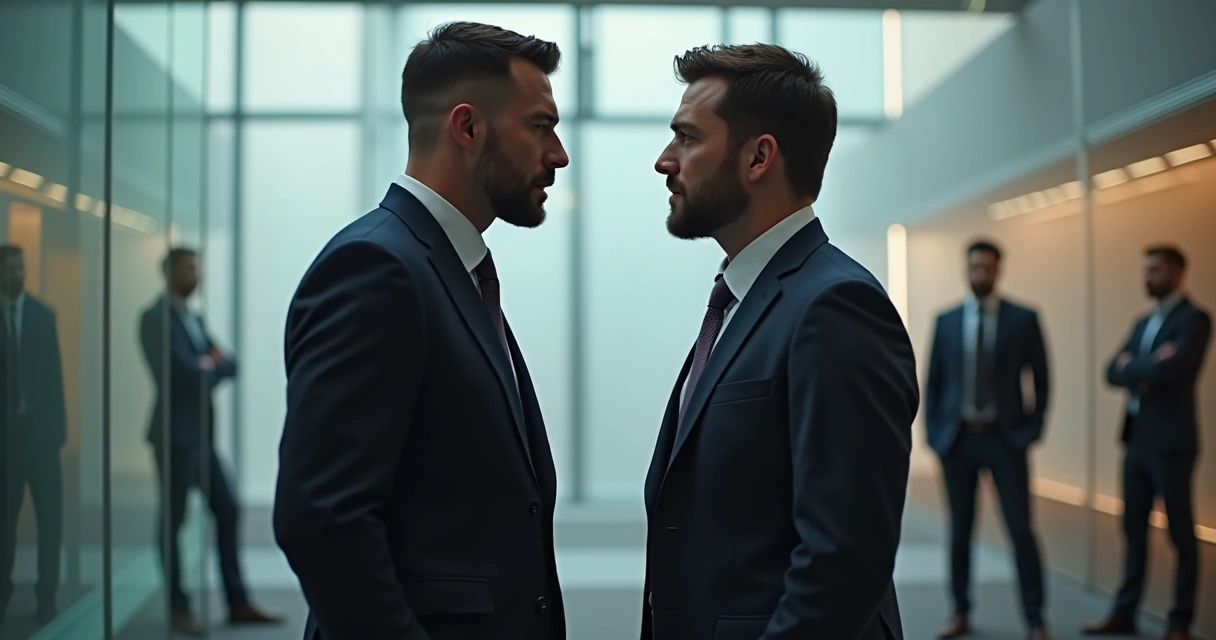 Dois profissionais em pé conversando, clima tenso mas respeitoso, ambiente institucional ao fundo 