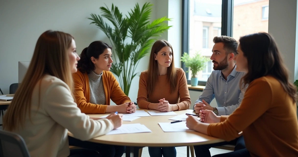 Pessoas de diferentes idades em mesa redonda dialogando de maneira respeitosa e atenta 