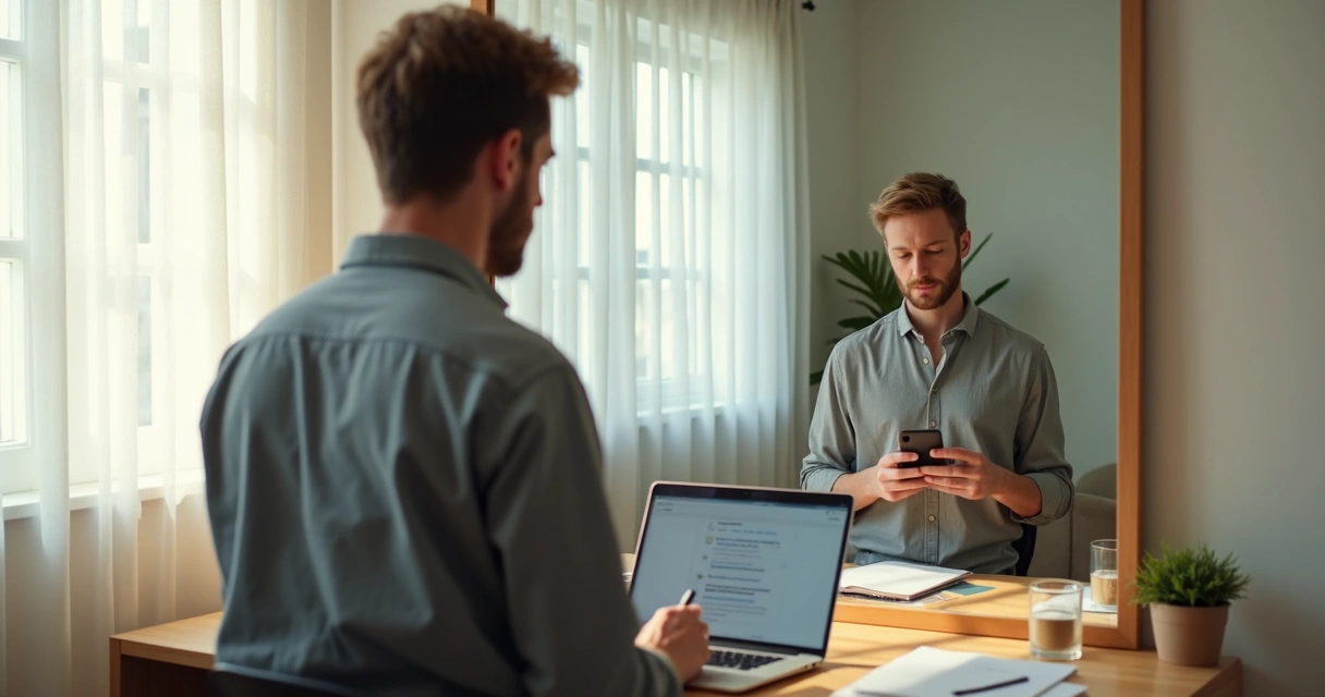 Pessoa refletindo diante de reflexo em espelho com comportamento diferente 