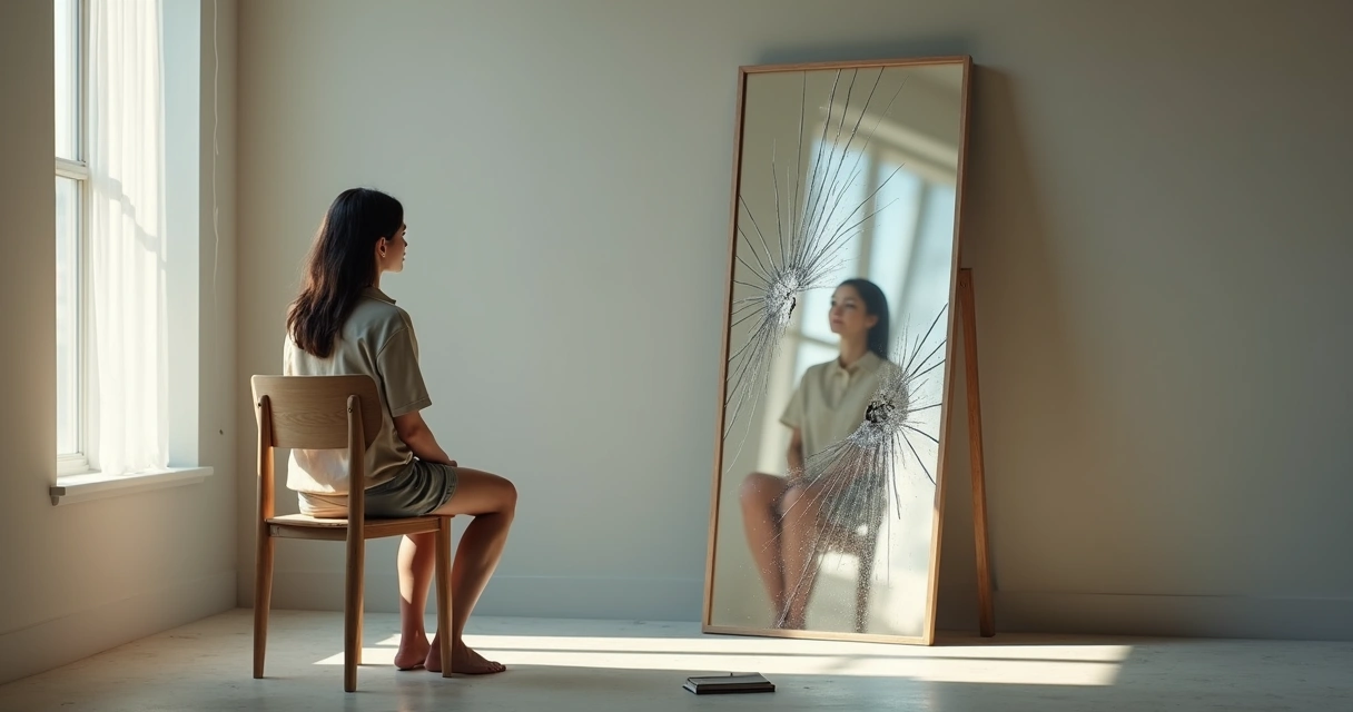 Pessoa refletindo diante de seu reflexo em espelho rachado, simbolizando reconciliação interna 