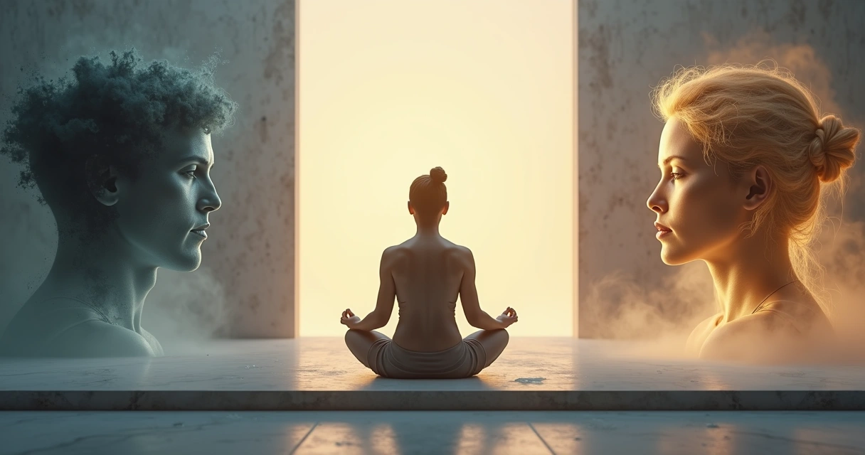 Pessoa meditando em meio a duas silhuetas opostas representando conflito interno 