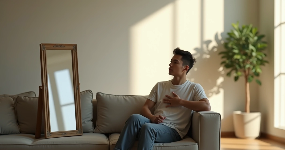 Pessoa sentada refletindo diante de si mesma em um espelho em ambiente minimalista 