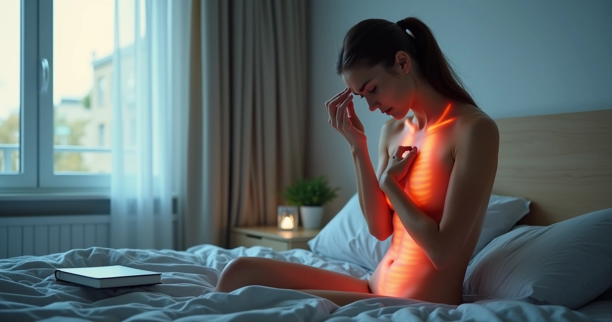 Pessoa sentada tocando o peito e a cabeça com destaque para tensões no corpo 