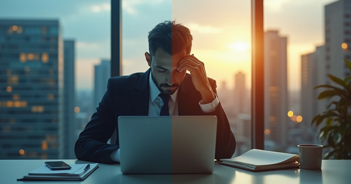 Profissional em escritório dividido entre caminhos opostos 