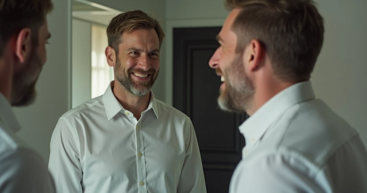 Homem olhando para o espelho com expressão dividida entre tristeza e alegria 