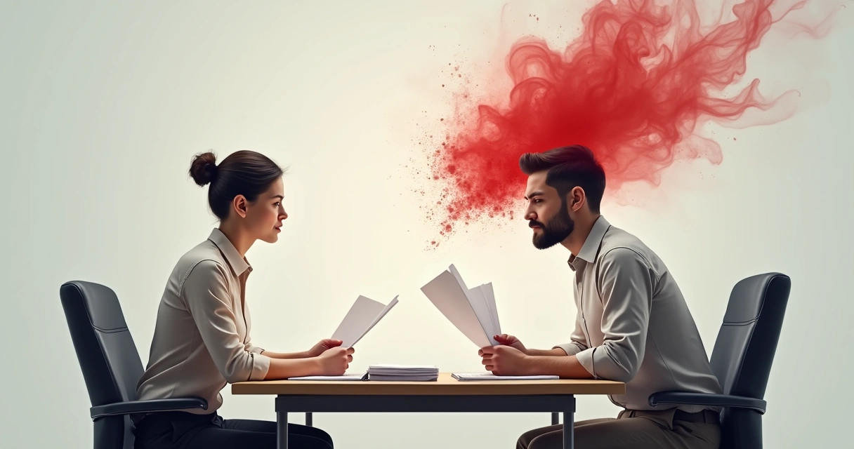 Pessoa com expressão séria, dividida entre emoções opostas