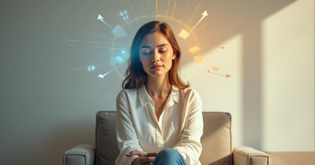 Pessoa sentada refletindo com duas metades de rosto contrastando e luz suave ao fundo 