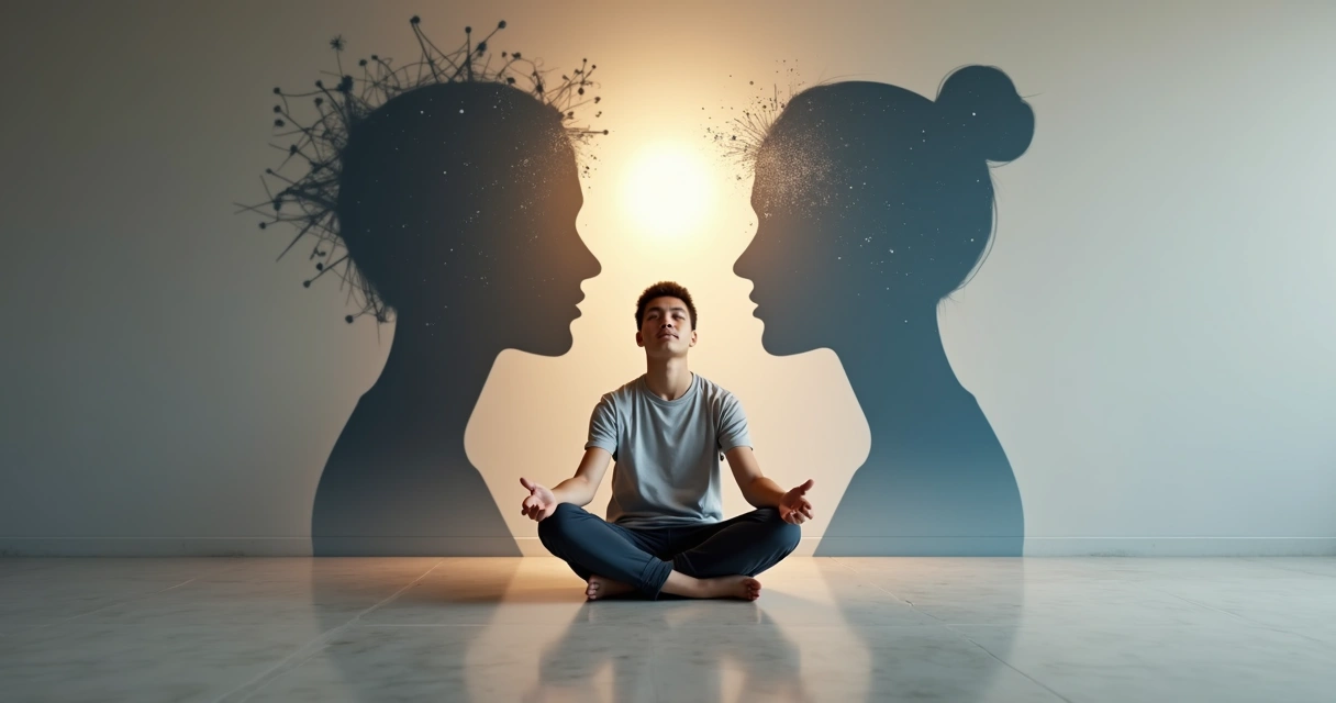 Pessoa sentada em reflexão com silhuetas internas contrastantes ao fundo 