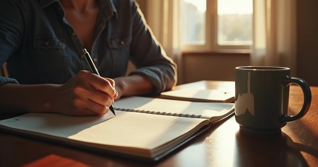 Pessoa sentada escrevendo em um caderno em ambiente tranquilo, com luz natural